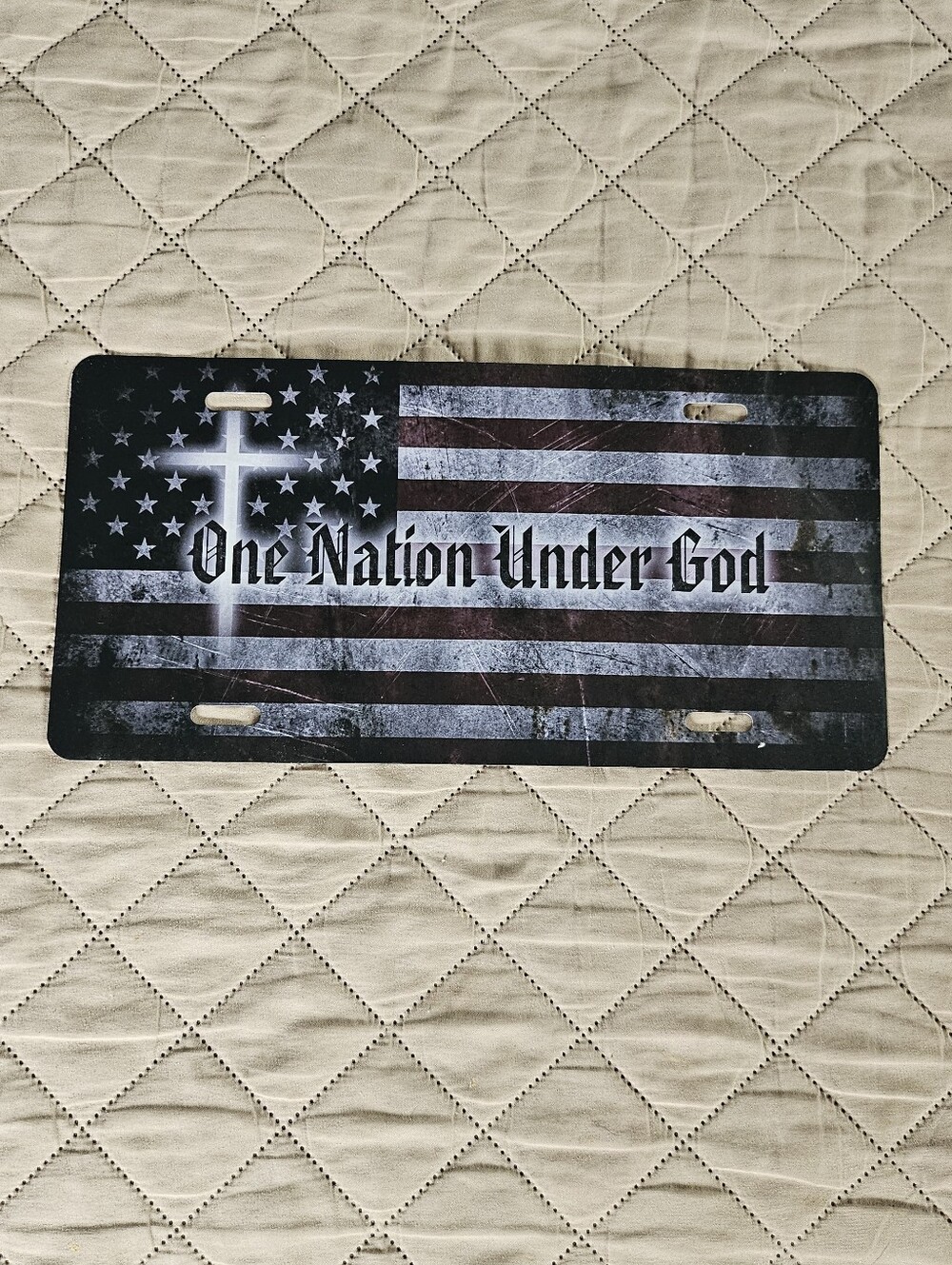 One Nation Under God license plate decoration, usa flag and a cross. Aluminum